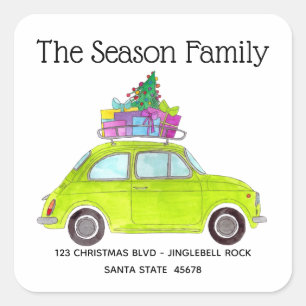 Retro Green Fiat 500 with Christmas Gifts Square Sticker