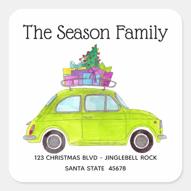 Retro Green Fiat 500 with Christmas Gifts Square Sticker (Front)