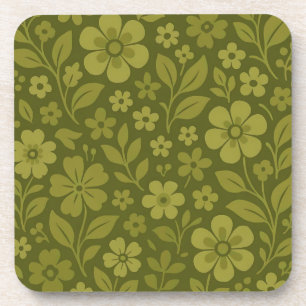 Retro Green Floral Hard Plastic & Cork Coaster Set