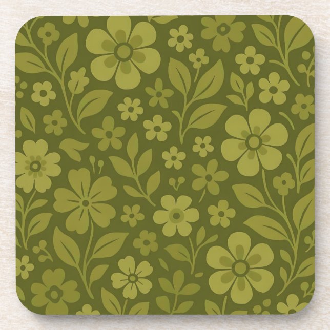Retro Green Floral Hard Plastic & Cork Coaster Set (Front)