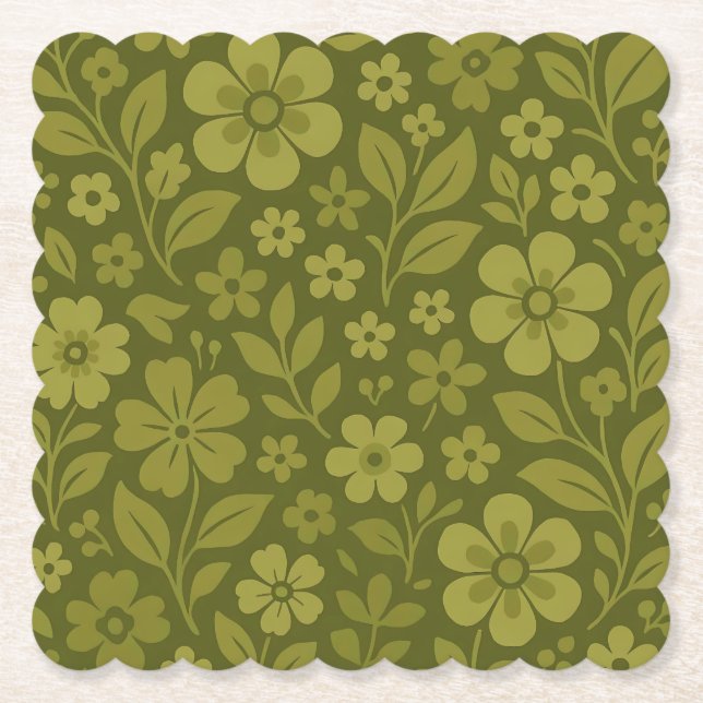 Retro Green Floral Paper Coasters – More Shapes (Front)