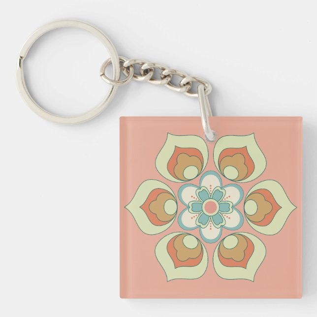 retro green floral pattern key ring (Front)