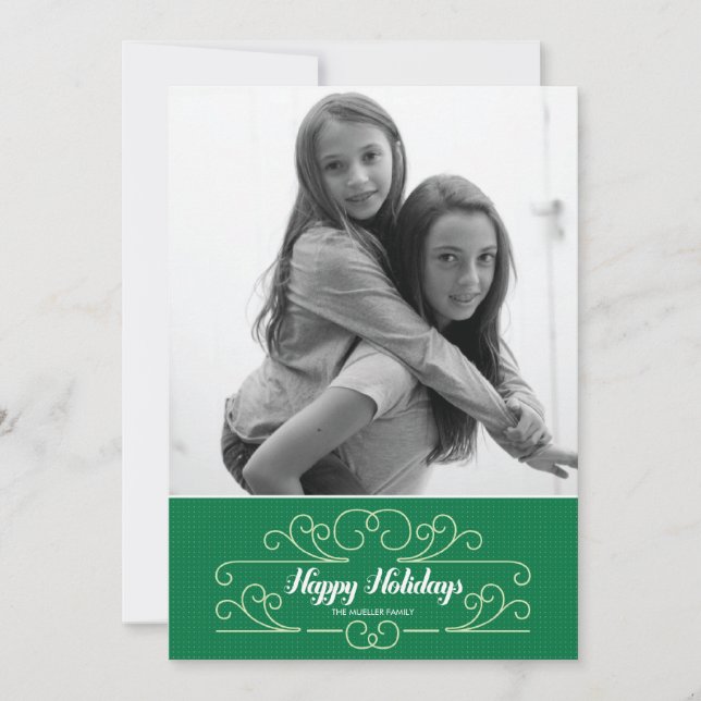 Retro Green Florish Holiday Photo Card (Front)