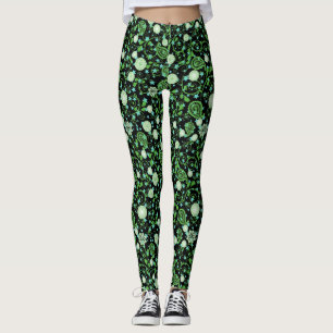 Retro green flowering plants pattern.b leggings