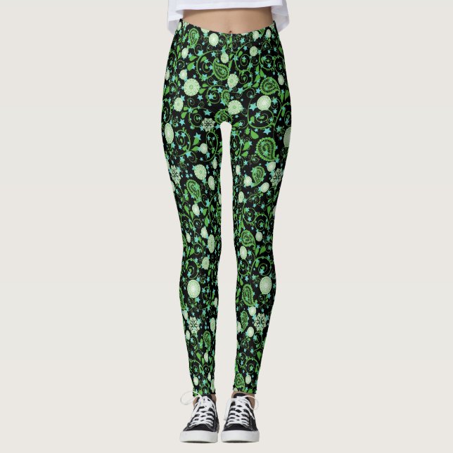 Retro green flowering plants pattern.b leggings (Front)