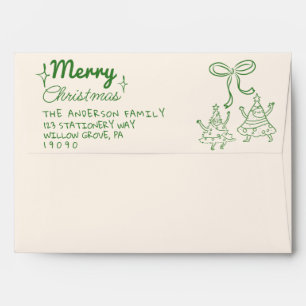 Retro Green Funny Drawn Fun Merry Christmas Trees Envelope