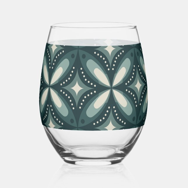 Retro Green Geometric Pattern Stemless Wine Glass (Front)