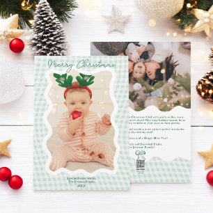 Retro green Gingham Merry Christmas Wavy 2 photos Holiday Card