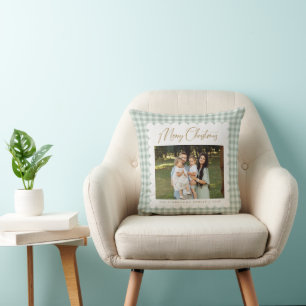 Retro Green Gingham Personalised Photo Christmas Cushion