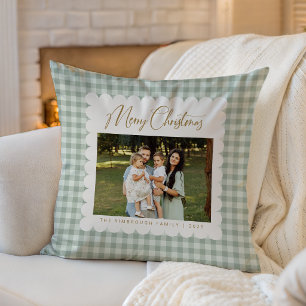 Retro Green Gingham Personalised Photo Christmas Cushion
