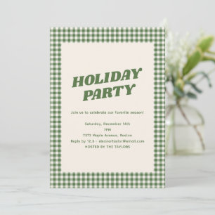 Retro Green Gingham Plaid Custom Holiday Party Invitation