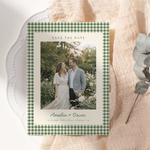 Retro Green Gingham Plaid Pattern Photo Wedding Save The Date