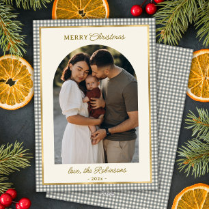 Retro Green Gold Plaid Arch Photo Merry Christmas  Holiday Card