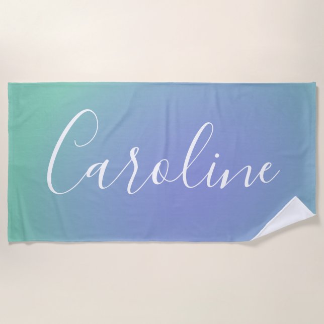 Retro Green Gradient | Personalised Script Name Beach Towel (Front)