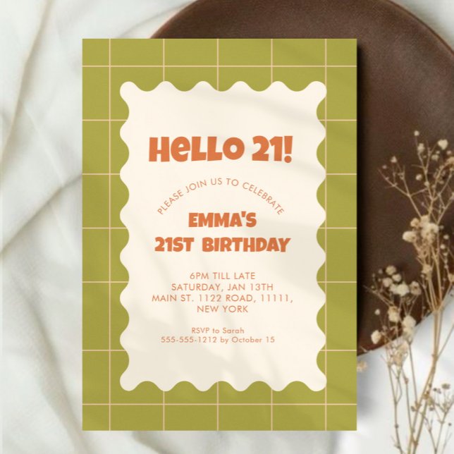 Retro Green Groovy Chequered Pattern Birthday Part Invitation (Creator Uploaded)