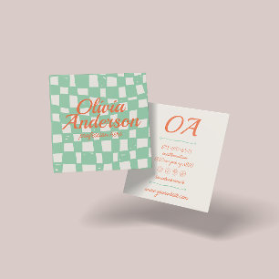 Retro Green Hand Drawn Chequered Groovy Bold Square Business Card