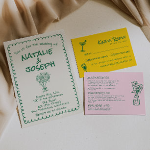 Retro Green Hand Drawn Written Quirky Fun Wedding Invitation