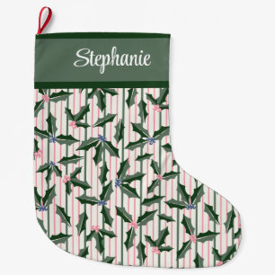 Retro Green Holly with Name Large Christmas Stocking