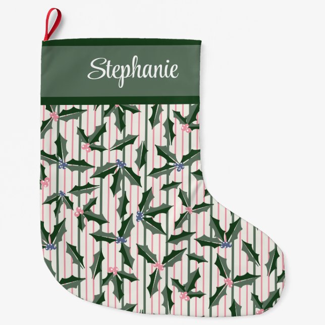 Retro Green Holly with Name Large Christmas Stocking (Front)