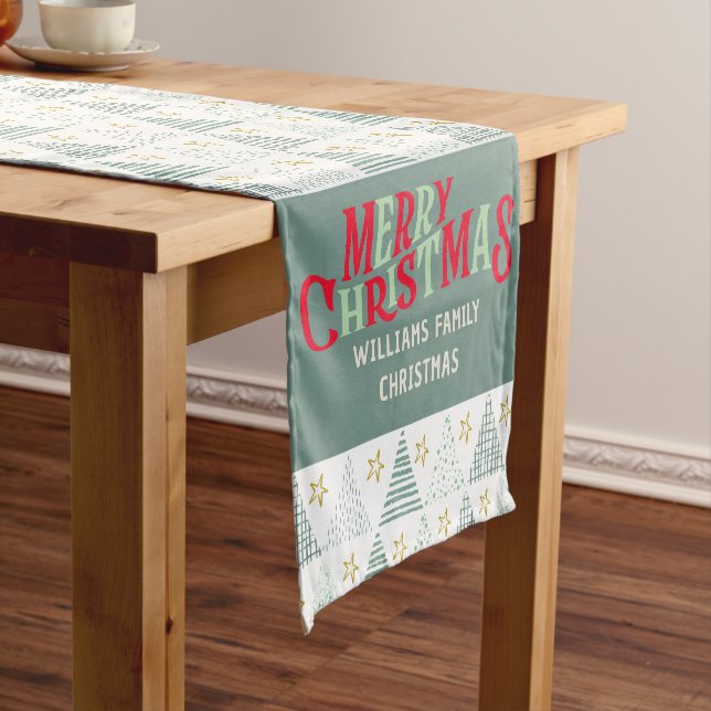 Retro Green Hygge Merry Christmas Trees Name Short Table Runner (In Situ)