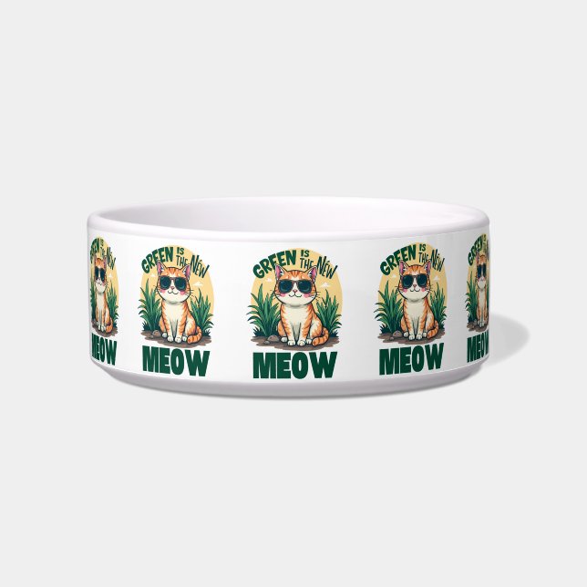 Retro "Green Is The New Meow" Cool Cat Nature Art Bowl (Front)