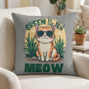 Retro "Green Is The New Meow" Cool Cat Nature Art Cushion