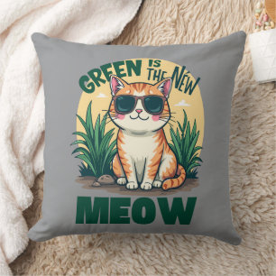 Retro "Green Is The New Meow" Cool Cat Nature Art Cushion