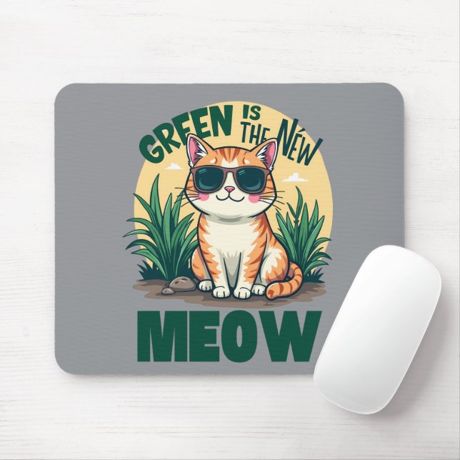 Retro "Green Is The New Meow" Cool Cat Nature Art Mouse Mat (With Mouse)
