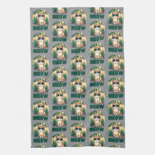 Retro "Green Is The New Meow" Cool Cat Nature Art Tea Towel