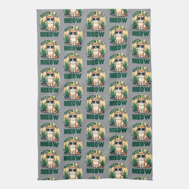 Retro "Green Is The New Meow" Cool Cat Nature Art Tea Towel (Vertical)