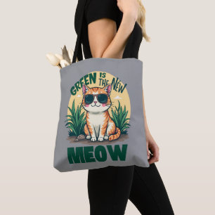 Retro "Green Is The New Meow" Cool Cat Nature Art Tote Bag