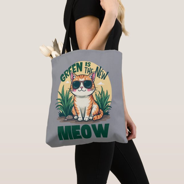 Retro "Green Is The New Meow" Cool Cat Nature Art Tote Bag (Close Up)