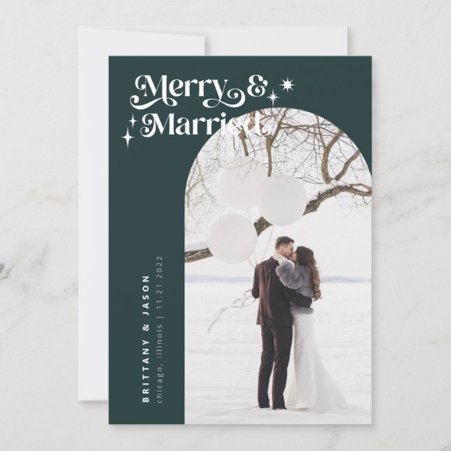 Retro Green Merry & Married Photo Holiday Card (Front)