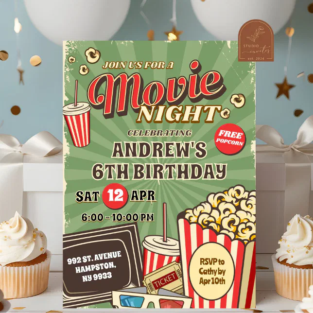Retro Green Movie Night Outdoor Birthday Invitation | Zazzle