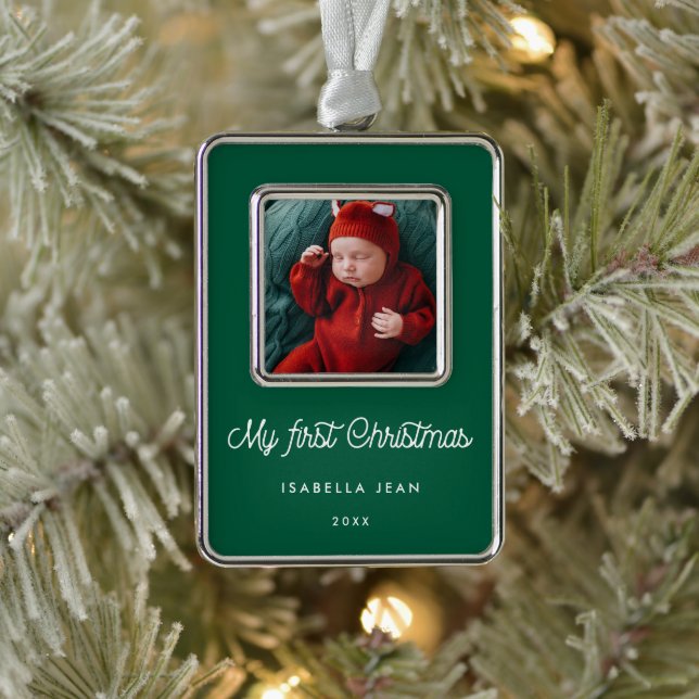 Retro Green My First Christmas Baby Photo Silver Plated Framed Ornament (Tree)