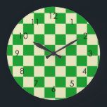 Retro Green Off White Checks Chequerboard  Large Clock<br><div class="desc">Cool fresh chequered pattern design,  modern interior design decor for home,  living room,  nursery room,  kids room. Chequered colourful curtains,  rug,  phone case. Chequered 70s and 60s trend design idea. Black and white checkers</div>