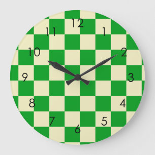 Retro Green Off White Checks Chequerboard  Large Clock