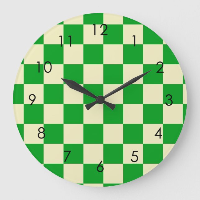 Retro Green Off White Checks Chequerboard  Large Clock (Front)