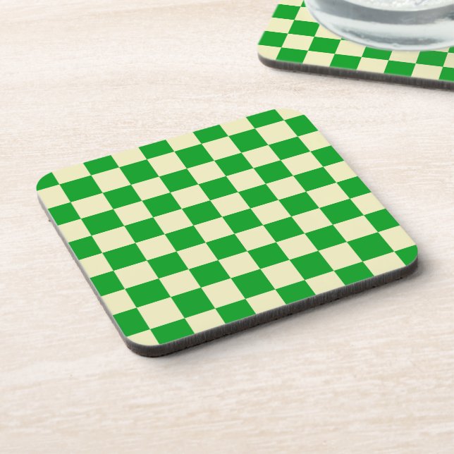 Retro Green Off White Checks Chequerboard Pattern Coaster (Left Side)