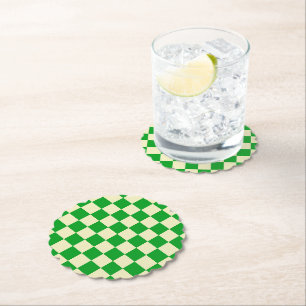 Retro Green Off White Checks Chequerboard Pattern Paper Coaster