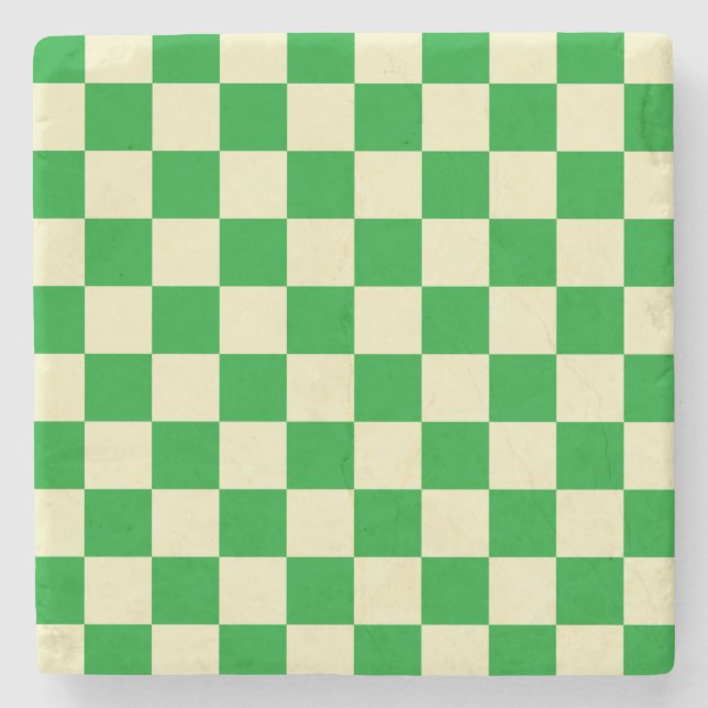 Retro Green Off White Checks Chequerboard Pattern Stone Coaster (Front)