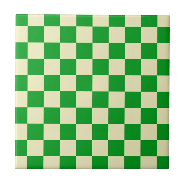 Retro Green Off White Checks Chequerboard Pattern  Tile (Front)