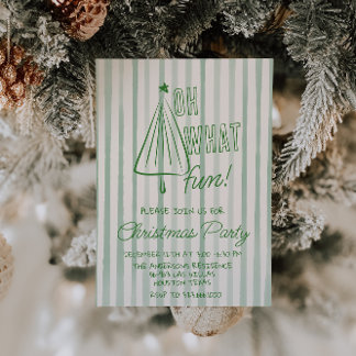 Retro Green Oh What Fun Christmas Drawn Tree Party Invitation