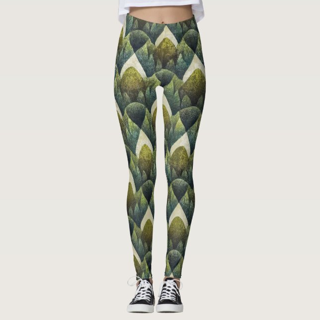 Retro Green Olive Geometric Art Pattern Leggings (Front)