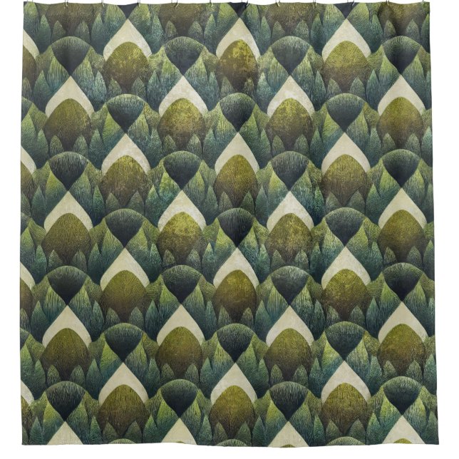 Retro Green Olive Geometric Art Pattern Shower Curtain (Front)