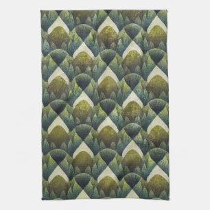 Retro Green Olive Geometric Art Pattern Tea Towel