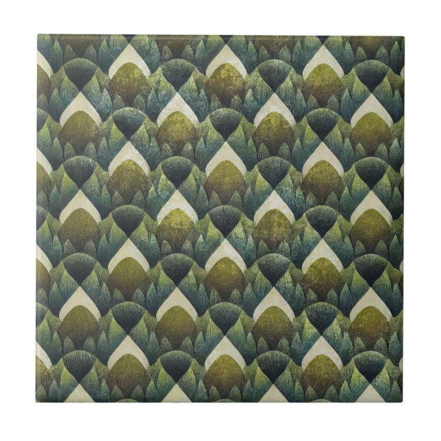 Retro Green Olive Geometric Art Pattern Tile (Front)