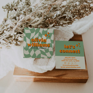 Retro Green Orange Groovy Checkered Boho Trendy Square Business Card