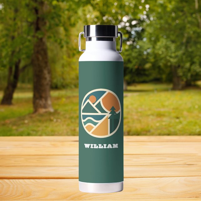 Retro green orange Mountain Adventure Camping Water Bottle (Creator Uploaded)