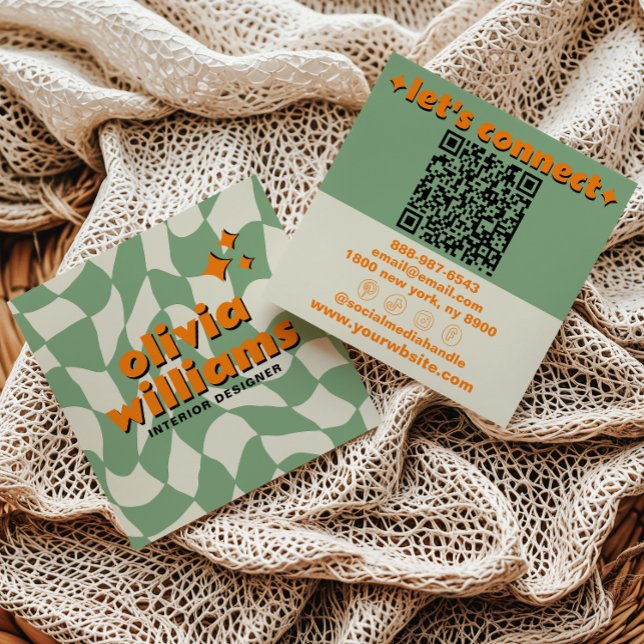 Retro Green Orange QR Code Groovy Checkered Boho Square Business Card (Creator Uploaded)
